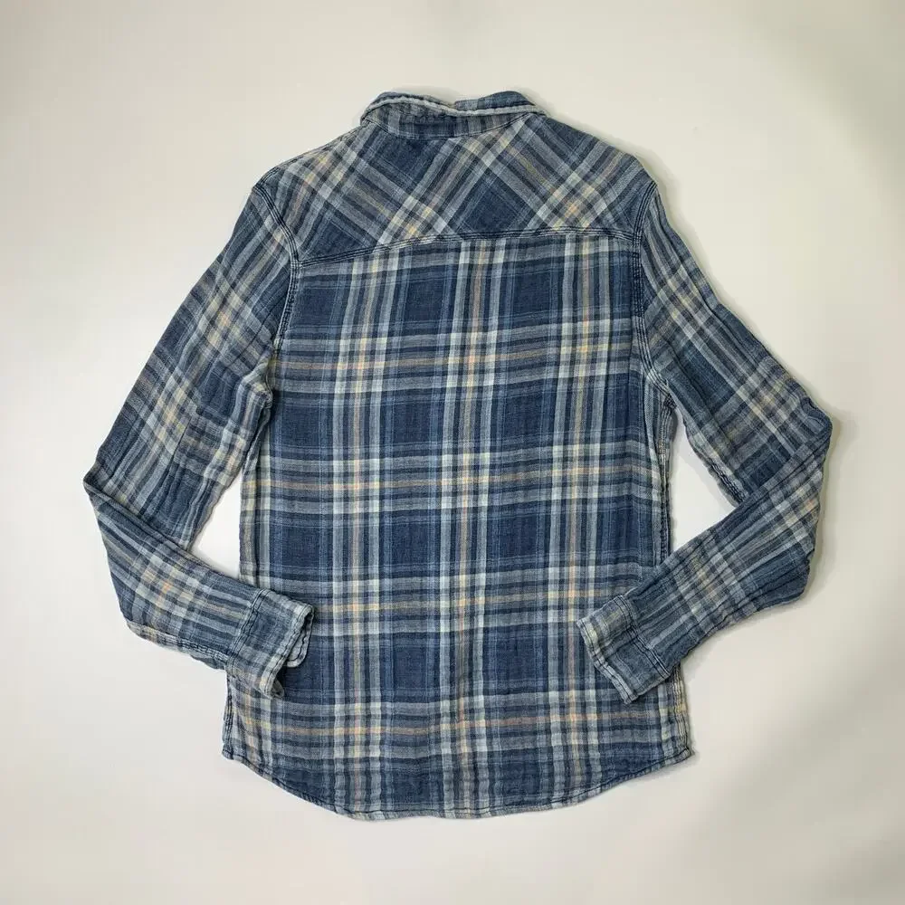 True Religion Shirt Mens M Medium Blue Western Woven Plaid Flannel Shirttail Hem